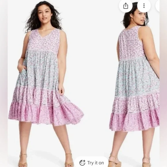 Floral Pink and Blue Sleeveless Dress - Picture 1 of 1